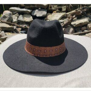 Black BOHO Wide Brim Fedora adjustable One Size Hat with Scarf Band